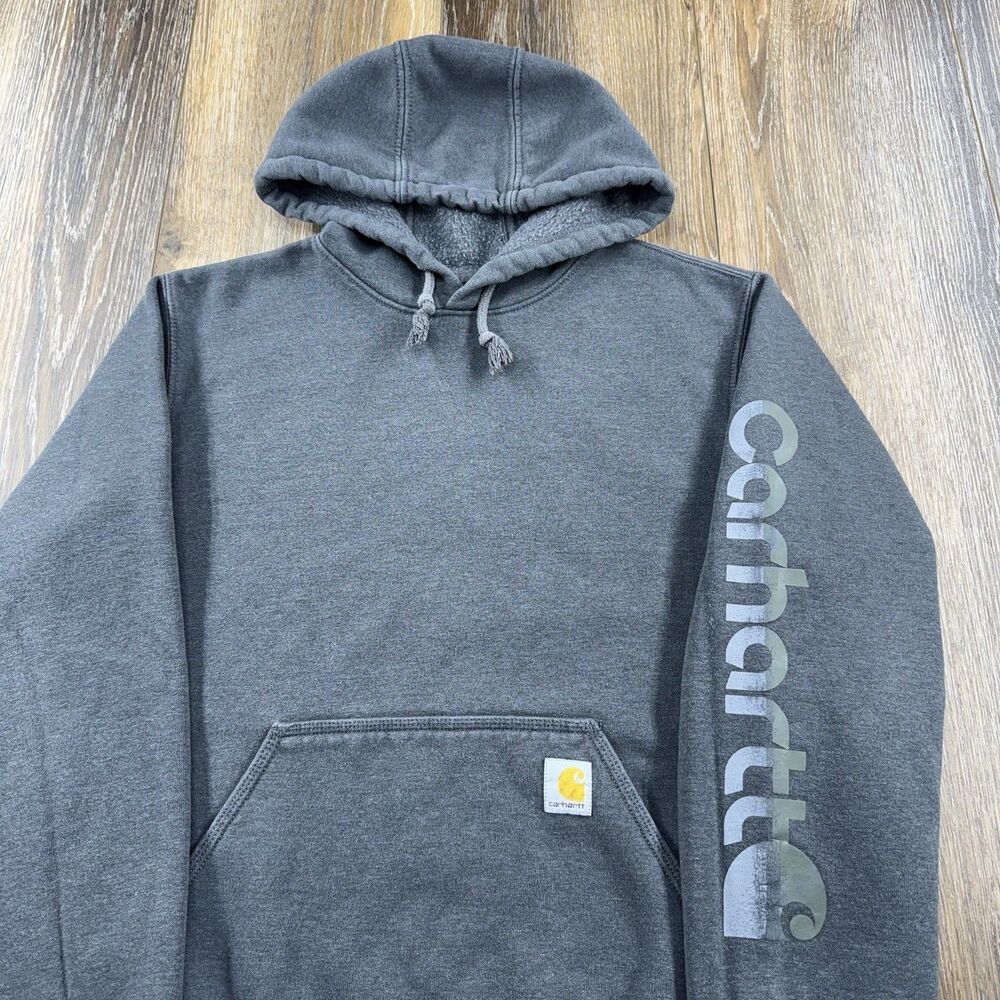 Carhartt Hoodie Mens S Gray Sweatshirt Workwear Spellout Logo Pullover Sweater